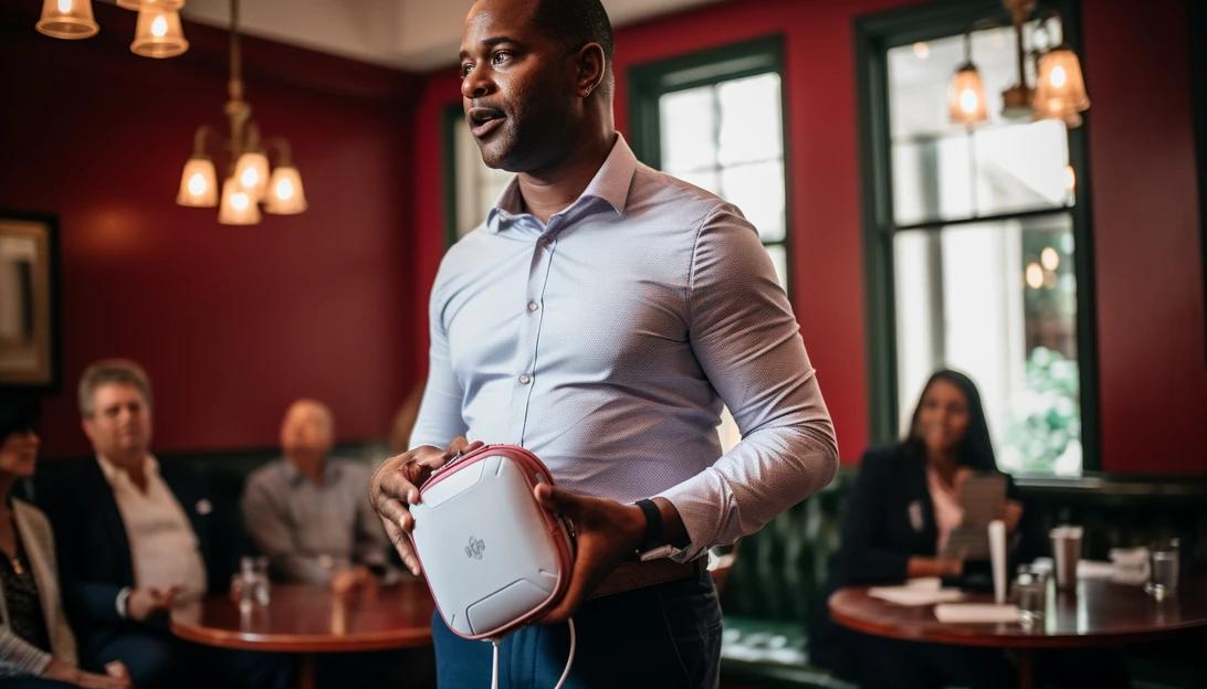 A photo of Donovan Casey, inventor of CellAED, demonstrating how the personal defibrillator can be easily carried in a pocket or purse. (Taken with Canon EOS R)
