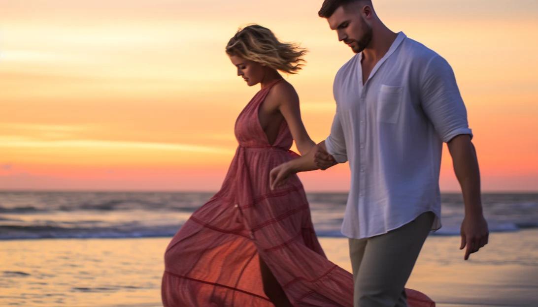 Taylor Swift and Travis Kelce holding hands at a romantic beach sunset. (taken with Canon EOS 5D Mark IV)