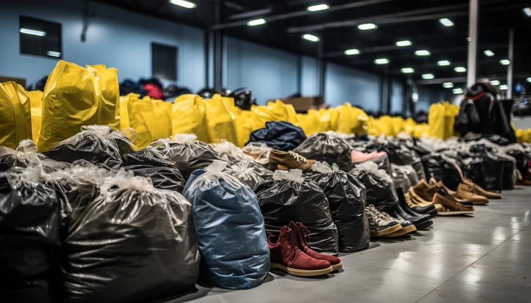 A photo of the confiscated counterfeit bags, clothes, and shoes, taken with a Nikon D850.