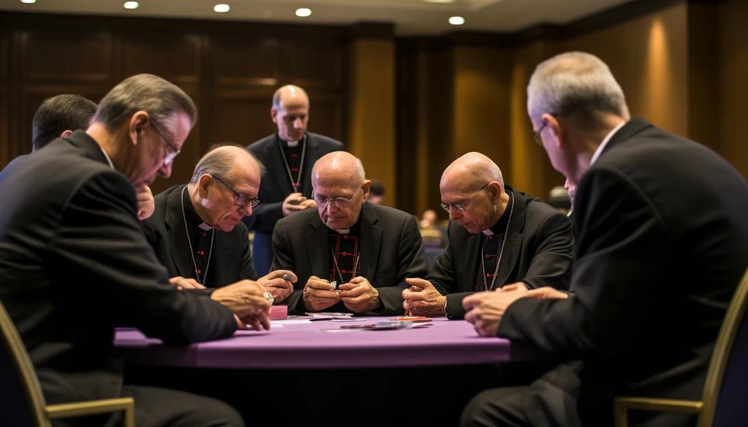 A photo of a group of Catholic bishops engaged in deep discussion during the USCCB fall meeting, captured with a Canon EOS 5D Mark IV.