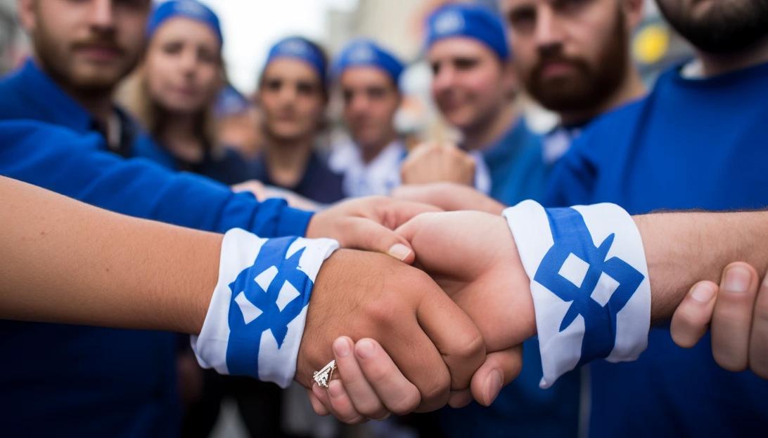 A group of pro-Israel advocates holding hands in solidarity at the March for Israel, captured with a Nikon D850.