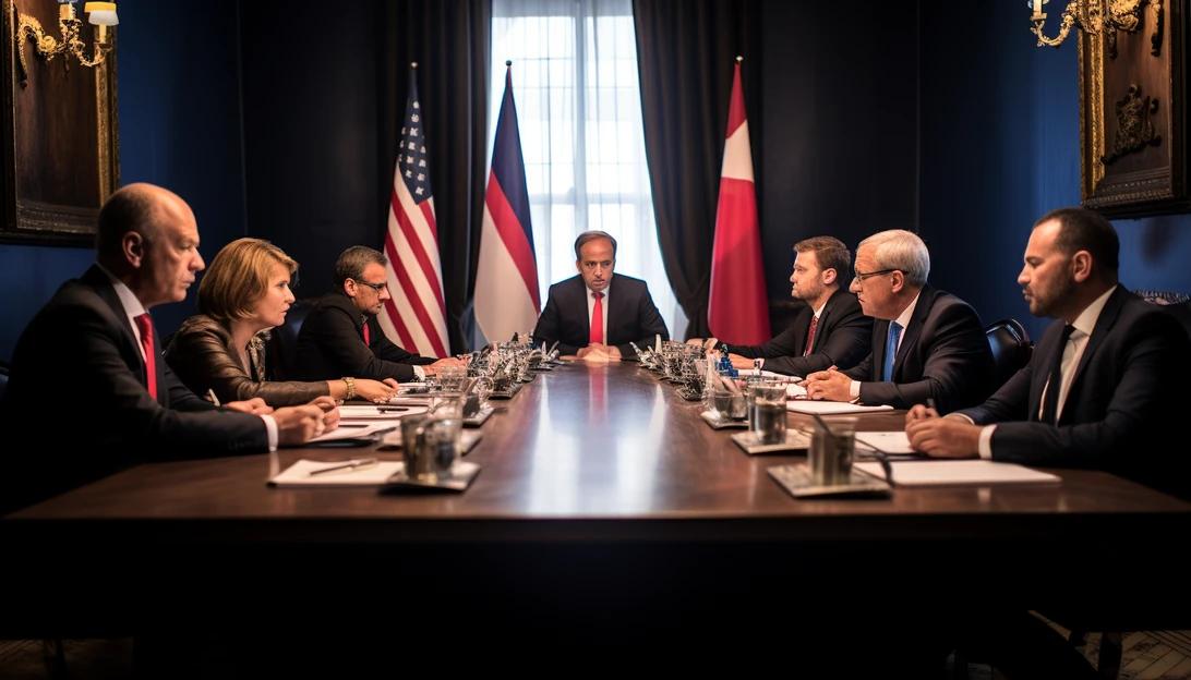 A photo of a tense negotiation table with diplomats from the United States, Israel, and Hamas, taken with a Nikon D850.