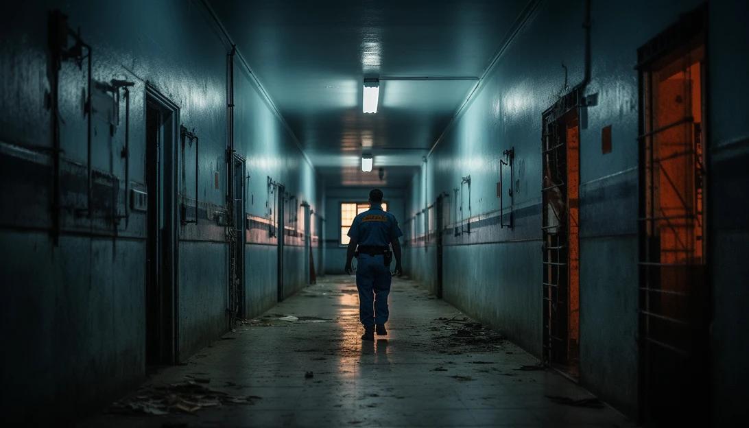 Prison hallway with a guard keeping watch. [Photo prompt: taken with Sony Alpha A7III]