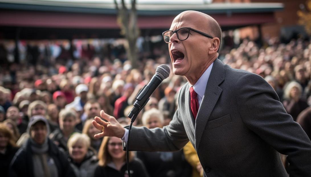 A Republican politician passionately addressing a crowd during a campaign rally, captured with a Nikon D850.