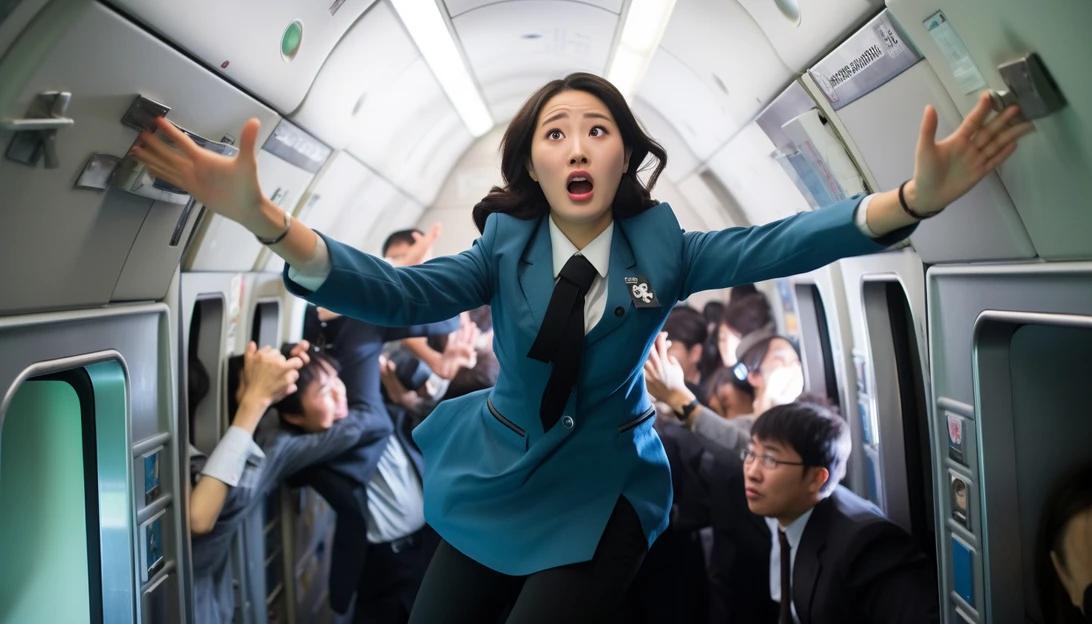 A photo of a Korean Air flight attendant demonstrating emergency exit procedures.