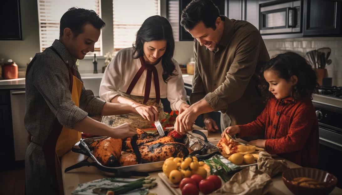 A family excitedly packing their Thanksgiving dinner into their carry-on bags, taken with a Canon EOS 5D Mark IV.