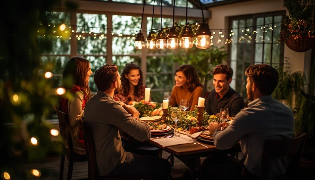 A joyful family gathering around a Thanksgiving dinner table, capturing the warmth and love shared in the festive atmosphere. (Taken with Nikon D850)