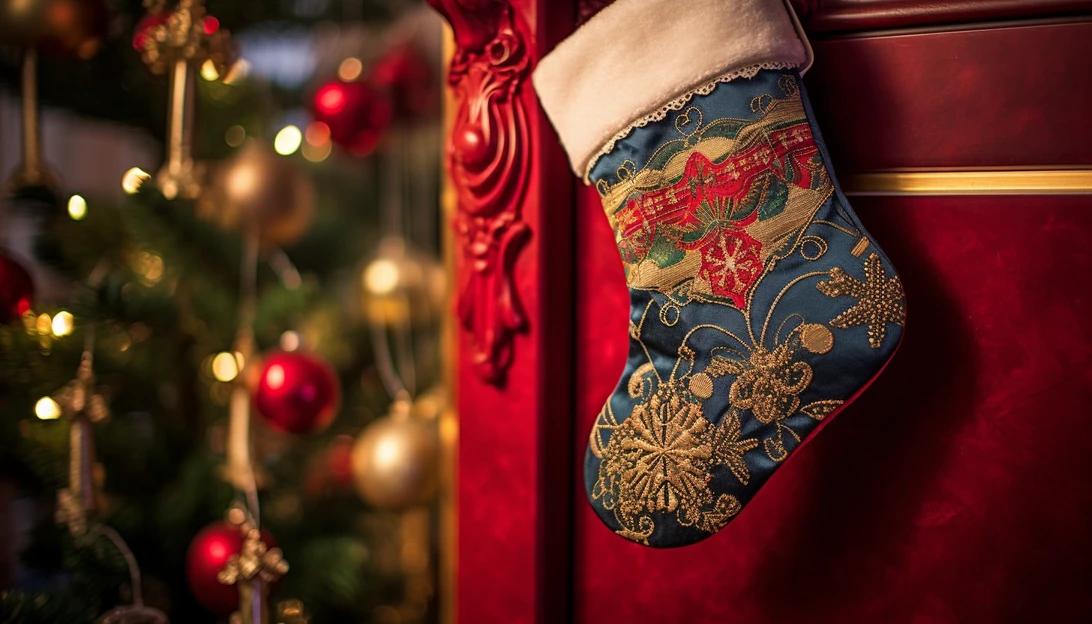 A photo of a beautifully decorated Christmas stocking with a name tag on it, taken with a Nikon D850.