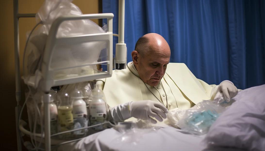 Pope Francis receiving antibiotics in his room at the Vatican. Photo taken with Canon EOS 5D Mark IV.