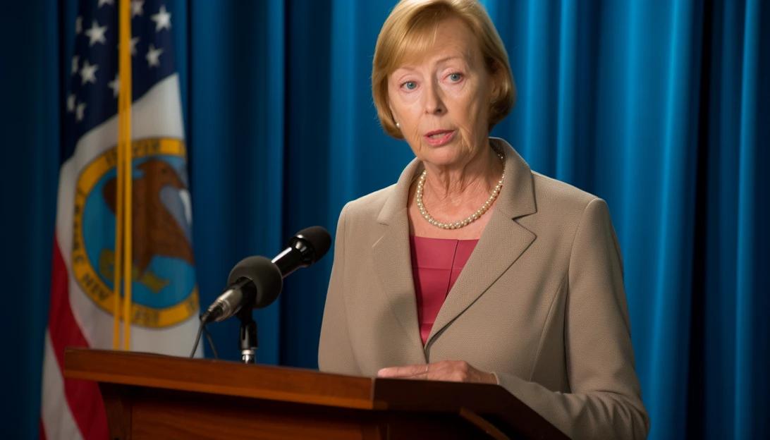 Maine Governor Janet Mills speaking at a press conference announcing the Lewiston Strong Tuition Waiver program, offering free tuition to shooting victims and their families.