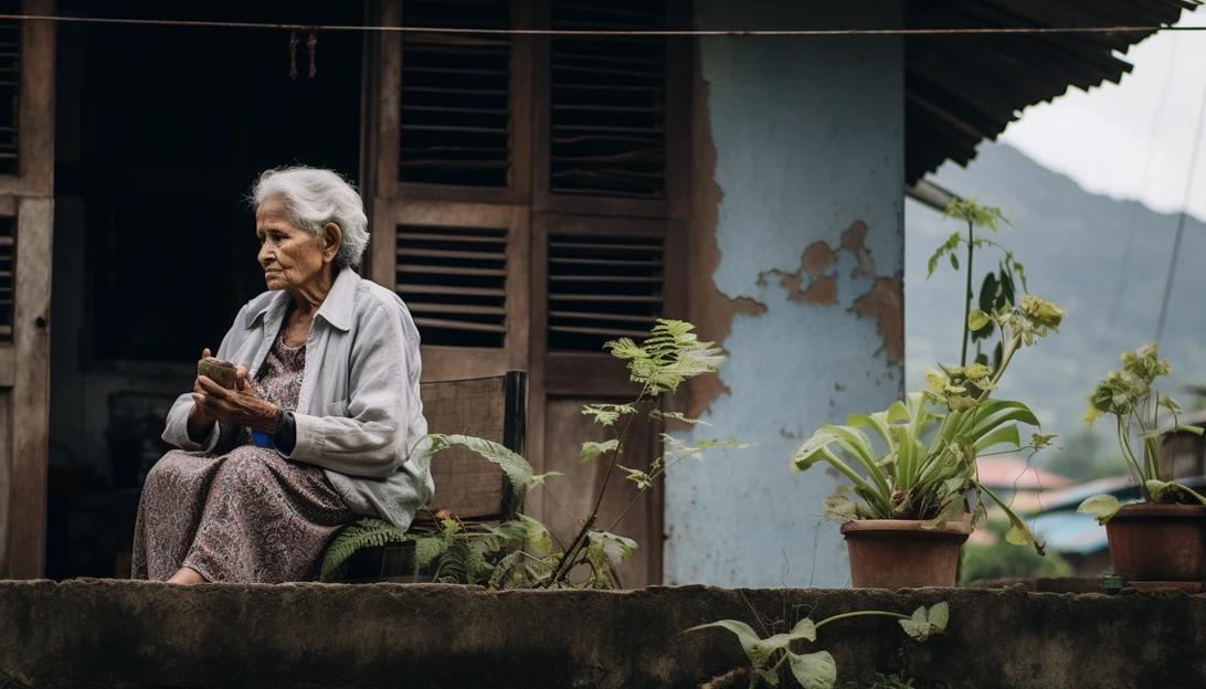 An elderly woman sitting in front of her family home, reminiscing about the memories shared within its walls. [Taken with Canon EOS 5D Mark IV]