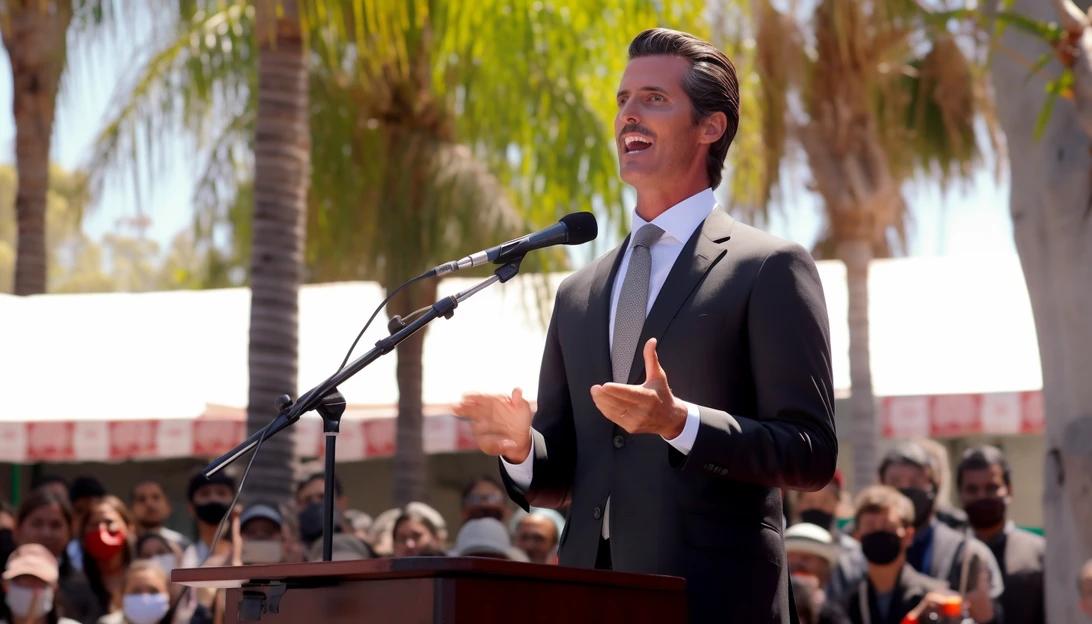 Gavin Newsom delivering a passionate speech denouncing the evil actions of the Hamas organization.