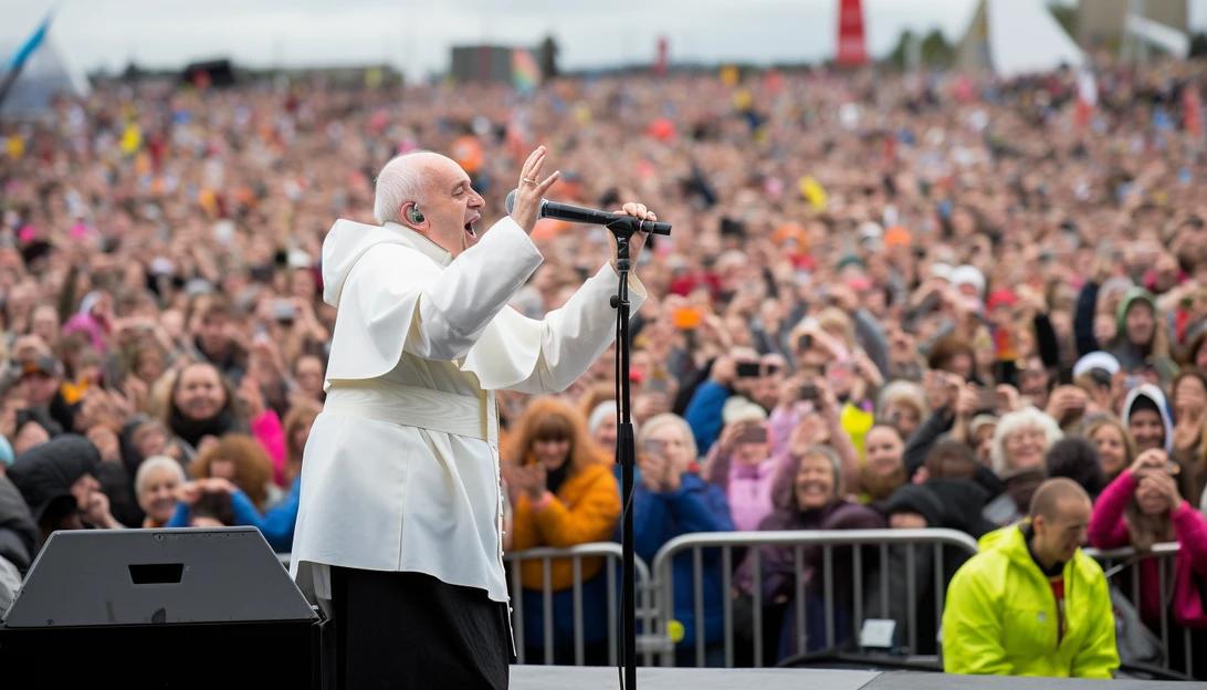 A photo of Pope Francis passionately addressing a crowd during a climate change rally, taken with a Nikon D850.