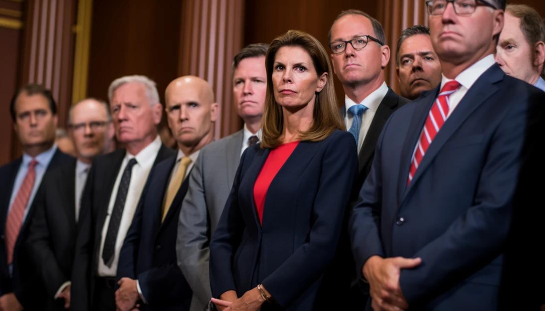 A photo of GOP senators and House conservatives standing together during the press conference, taken with a Nikon D850.