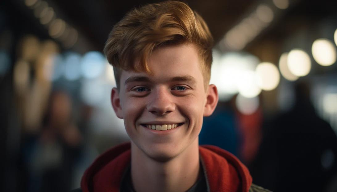 A photo of Dylan Mulvaney smiling into the camera, taken with a Canon EOS 5D Mark IV.