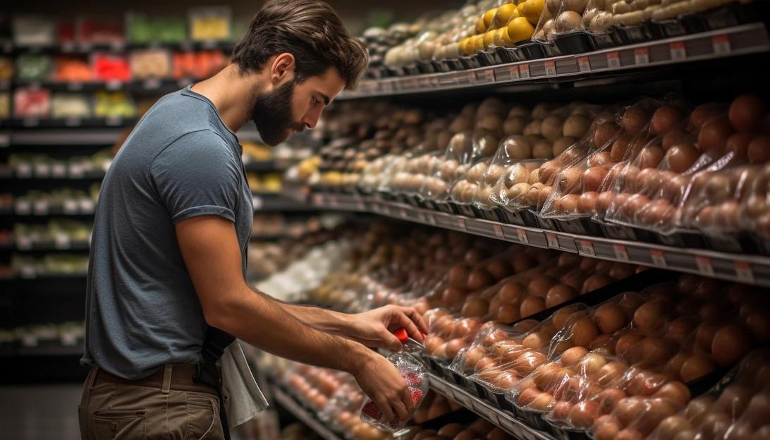 Selecting eggs at the grocery store may sometimes leave you scratching your head. [Photo prompt: A person carefully examining different types of eggs at a grocery store, taken with a Nikon D5600]