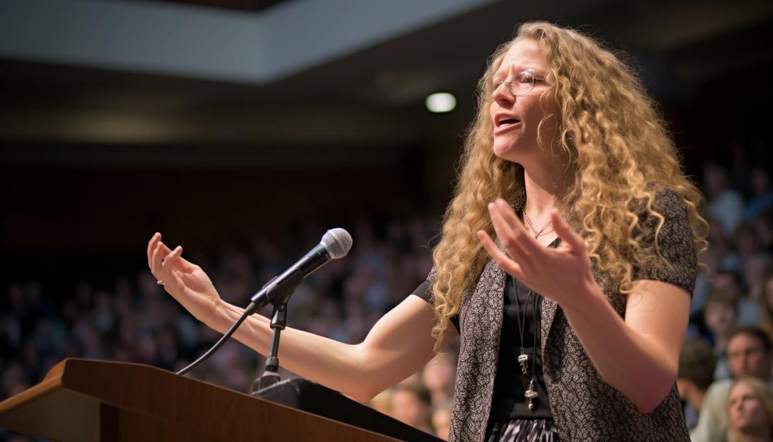 A photo of Rachel Levine addressing a crowd during a conference on transgender rights, taken with a Canon EOS 5D Mark IV.