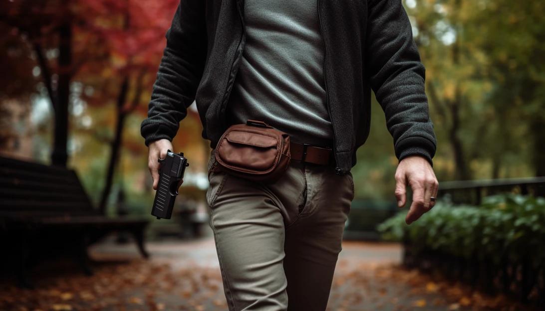 A photo of a person demonstrating proper concealed carry techniques, taken with a Canon EOS 5D Mark IV.