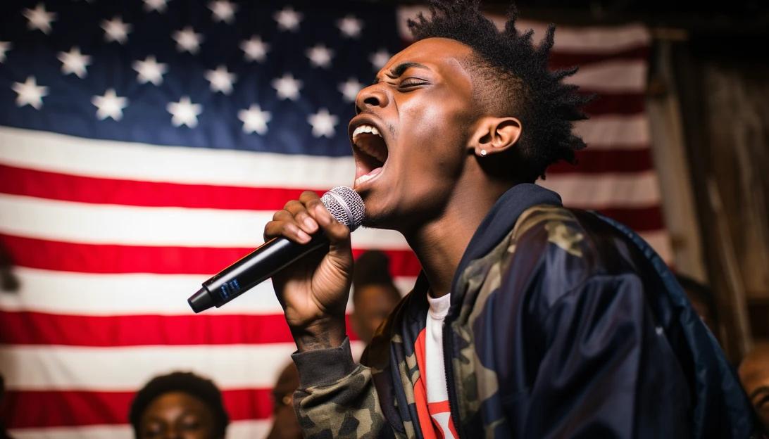 A photo of rapper PROLIFICJONNY5 passionately expressing his support for Trump during a live performance, taken with a Canon EOS 5D Mark IV camera.