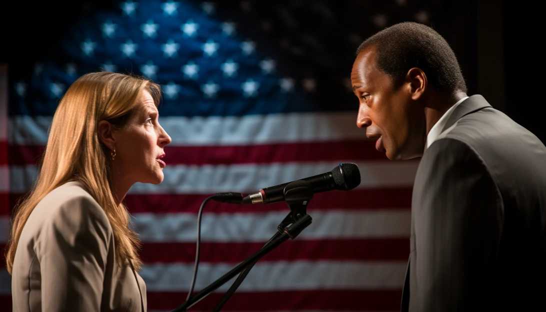 An image capturing the intense Republican primary race between Sandy Pensler and John James, with both candidates engaged in a debate, taken with a Canon EOS 5D Mark IV.