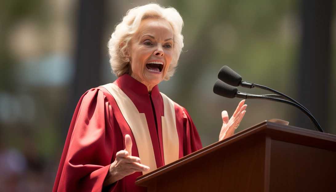 An image of Sandra Day O'Connor delivering a speech at Stanford University's commencement, inspiring young women to pursue their dreams, taken with a Nikon D850.