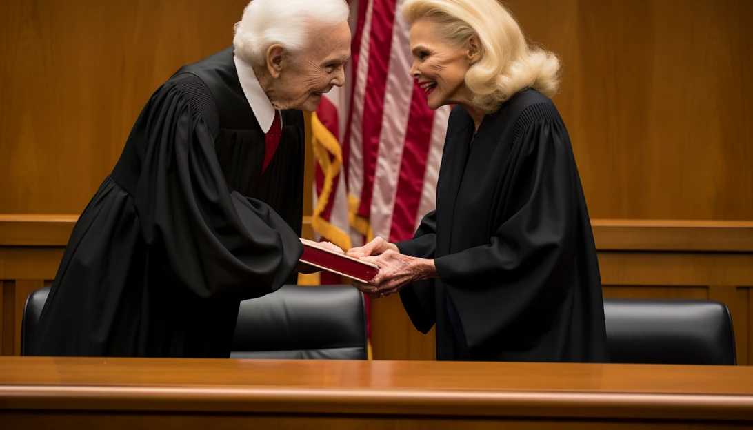 A photograph capturing the moment when Sandra Day O'Connor is sworn in as the first female Supreme Court Justice by Chief Justice Warren Burger, taken with a Sony Alpha A7R III.
