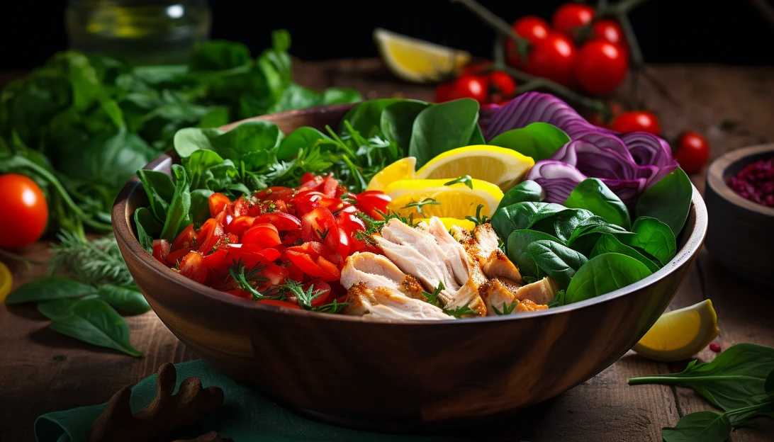 A colorful salad bowl with an assortment of fresh ingredients including spinach, tomatoes, and chicken, taken with Sony Alpha a7 III