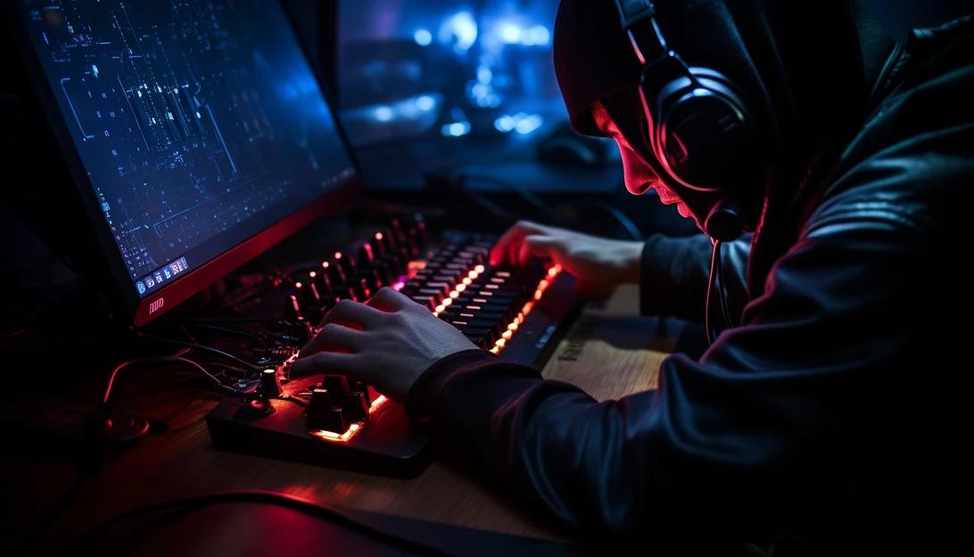 A hacker typing on a keyboard, illustrating the concept of cybercrime. (Taken with Nikon D850)
