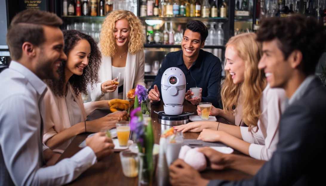 A picture of a diverse group of customers enjoying their personalized drinks from KIME, highlighting the robot's ability to cater to individual tastes. (Taken with Sony Alpha A7III)