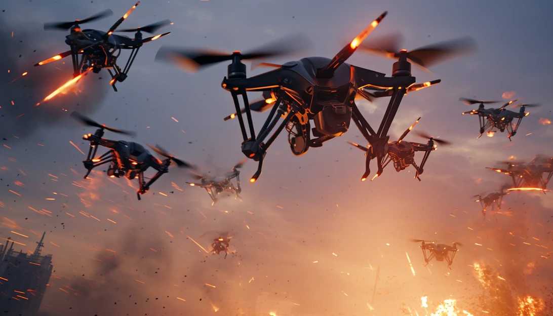 A close-up shot of a group of AI-enabled drones swarming in the sky, demonstrating the potential threat posed by these inexpensive yet powerful machines. (Taken with a Sony Alpha A7R III)