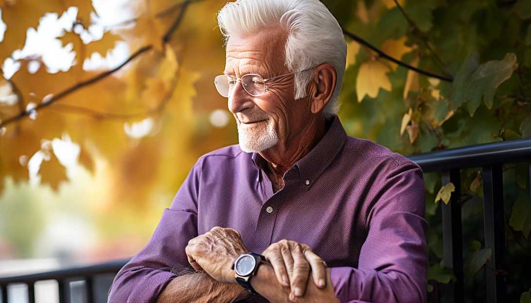 A senior man wearing an Apple Watch, showcasing the Fall Detection feature, taken with a Nikon Z7 II