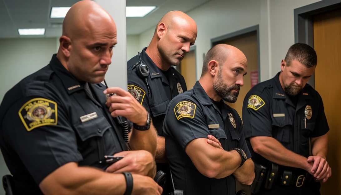 A group of law enforcement officers working together at a police station, reflecting the dedicated efforts of the Hillsborough County Sheriff's Office, taken with a Nikon D850 camera.