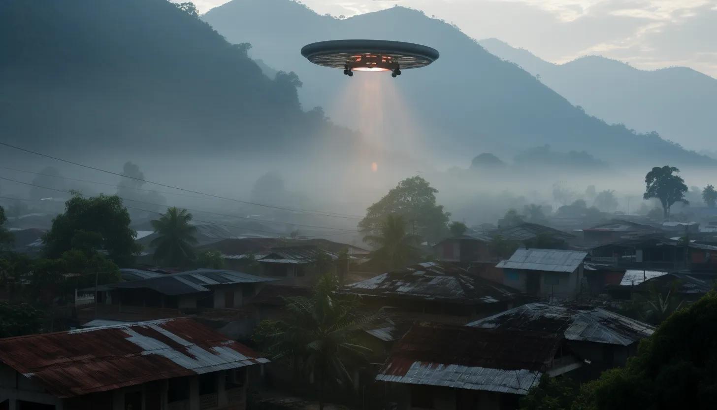 A photo of a drone hovering in the sky above a police headquarters in eastern Burma, capturing the tension and gravity of the situation. (Taken with a Nikon D850)