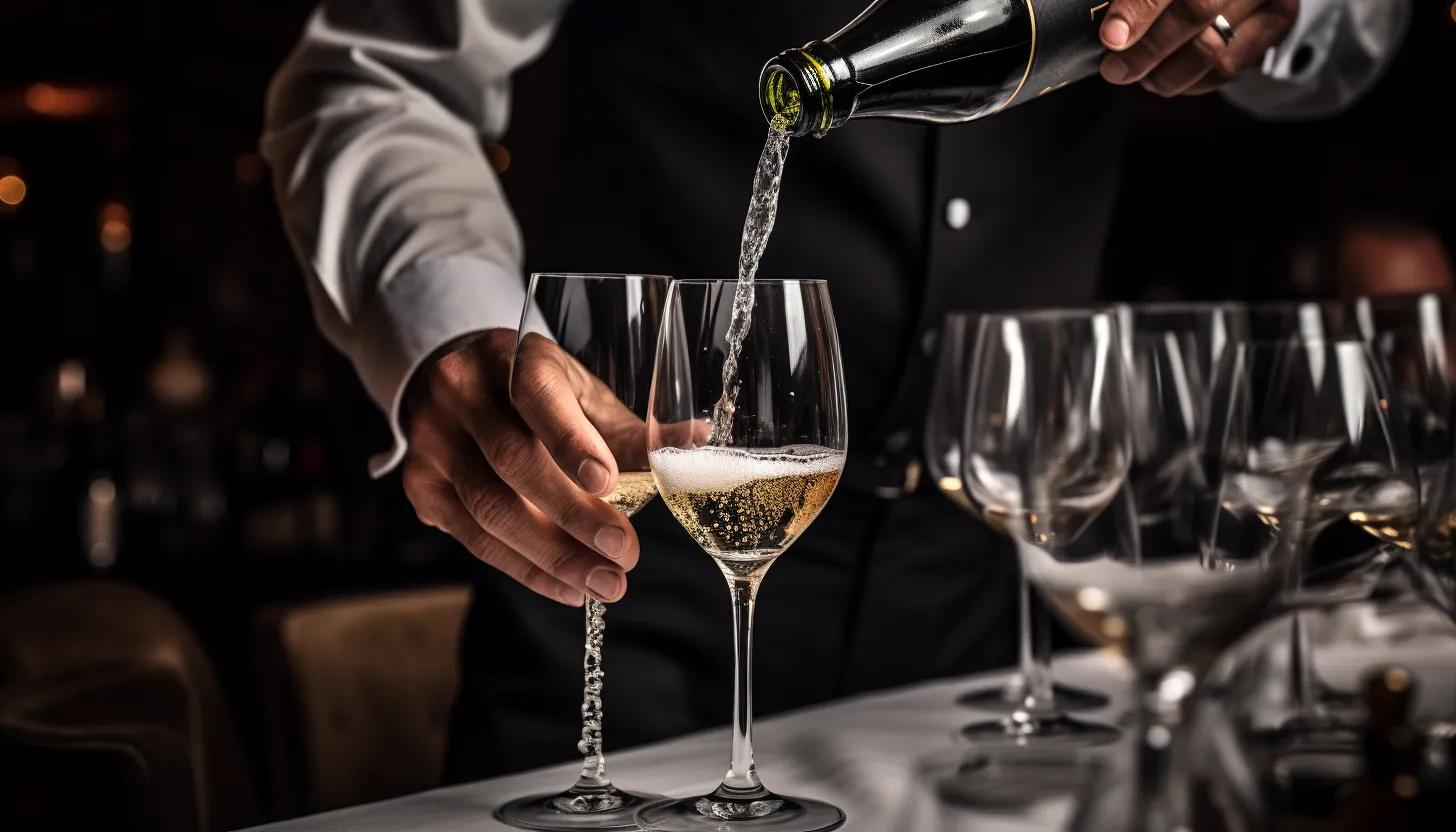 A sommelier pouring champagne into a glass, illustrating the starting point of our journey into the world of sparkling wines, with focus on the bubbles that are common to both Champagne and Prosecco. - Taken with Canon EOS 5D Mark IV.