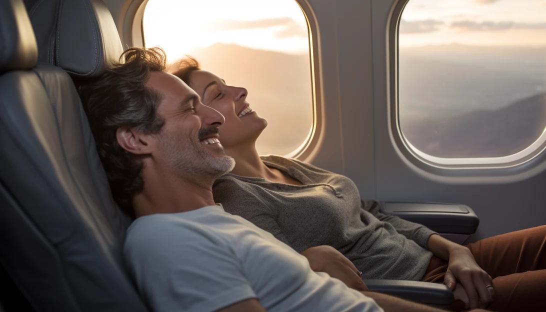 A photo of a happy New Zealand couple enjoying a premium economy flight, blissfully unaware of the upcoming challenge. [Taken with Canon EOS 5D Mark IV]