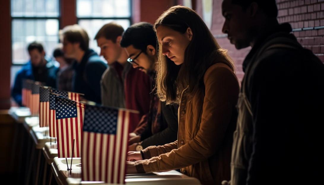 A photo of American voters casting their ballots in a polling station, taken with a Canon EOS 5D Mark IV.