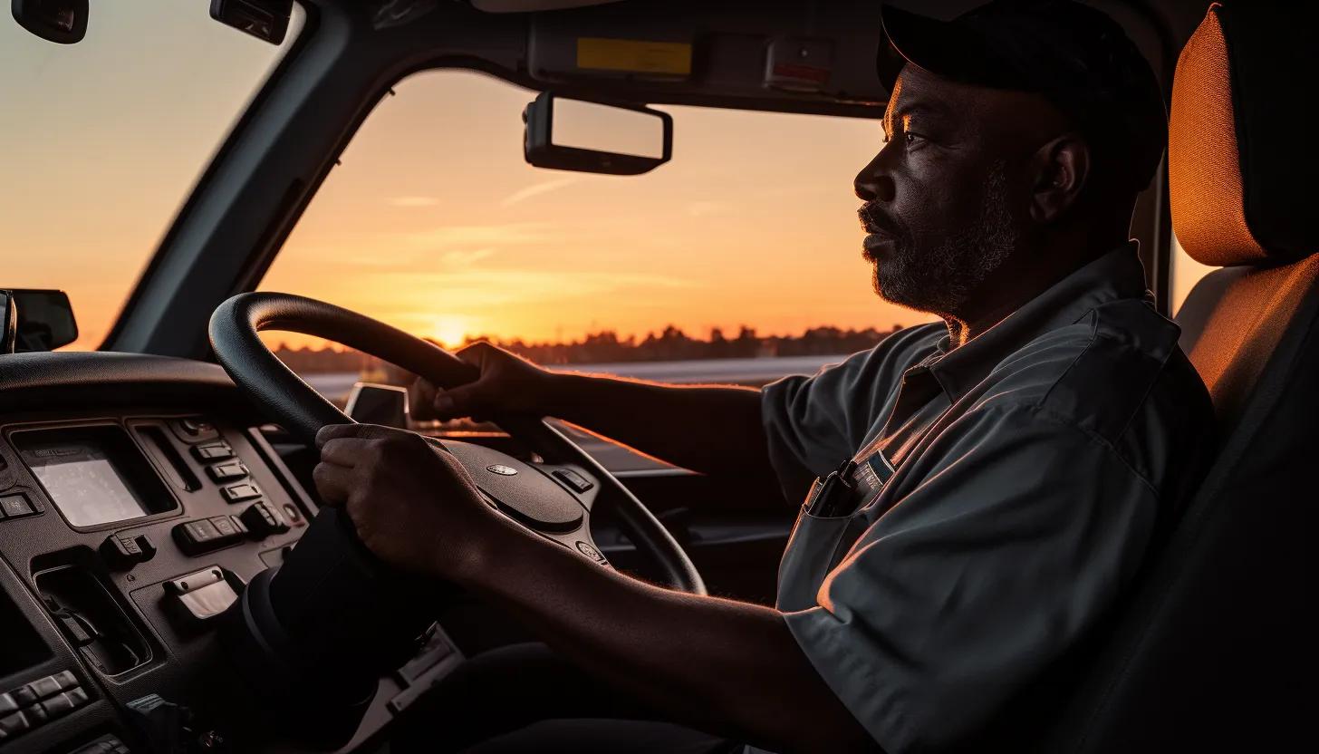 An image of a long-haul trucker at the wheel, silhouetted against a sunrise. Capturing a moment of contemplation before the day's journey unfolds. Taken with a Canon EOS 5D Mark IV.