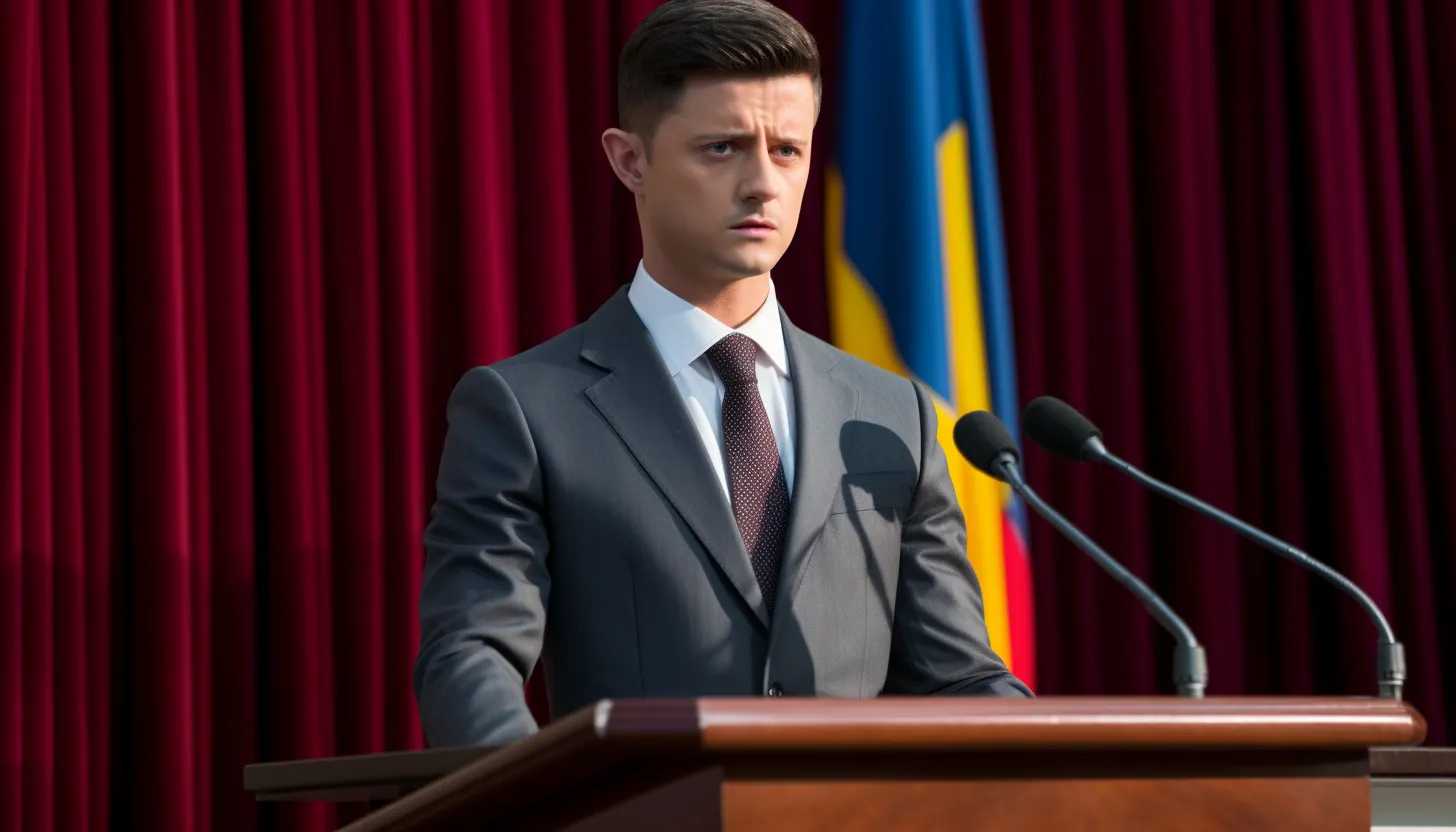 An image of President Volodymyr Zelenskyy delivering his address, casting a firm and solemn expression. The picture should capture his resolve and determination amidst the conflict, embodying the unnerving and precarious situation Ukraine finds itself in. (Taken with Sony A7R IV)