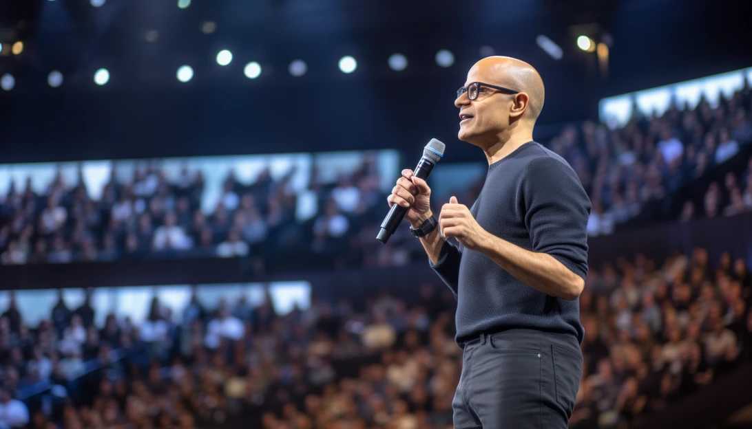 Microsoft CEO, Satya Nadella, giving a keynote speech on the future of AI at a tech conference.