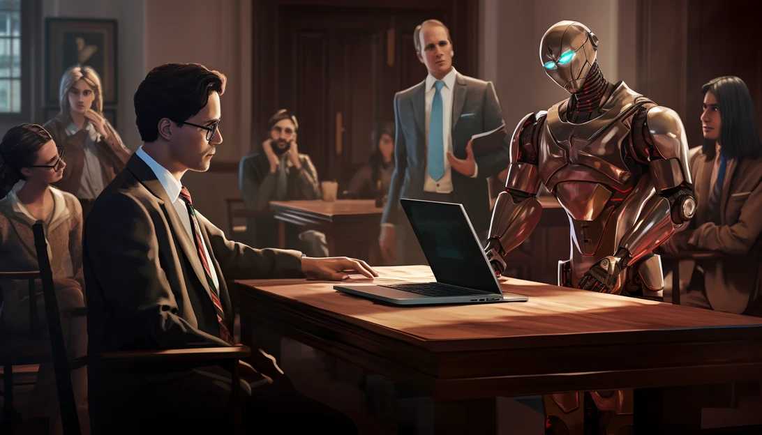 A courtroom scene with a federal judge presiding over the Authors Guild lawsuit against OpenAI.