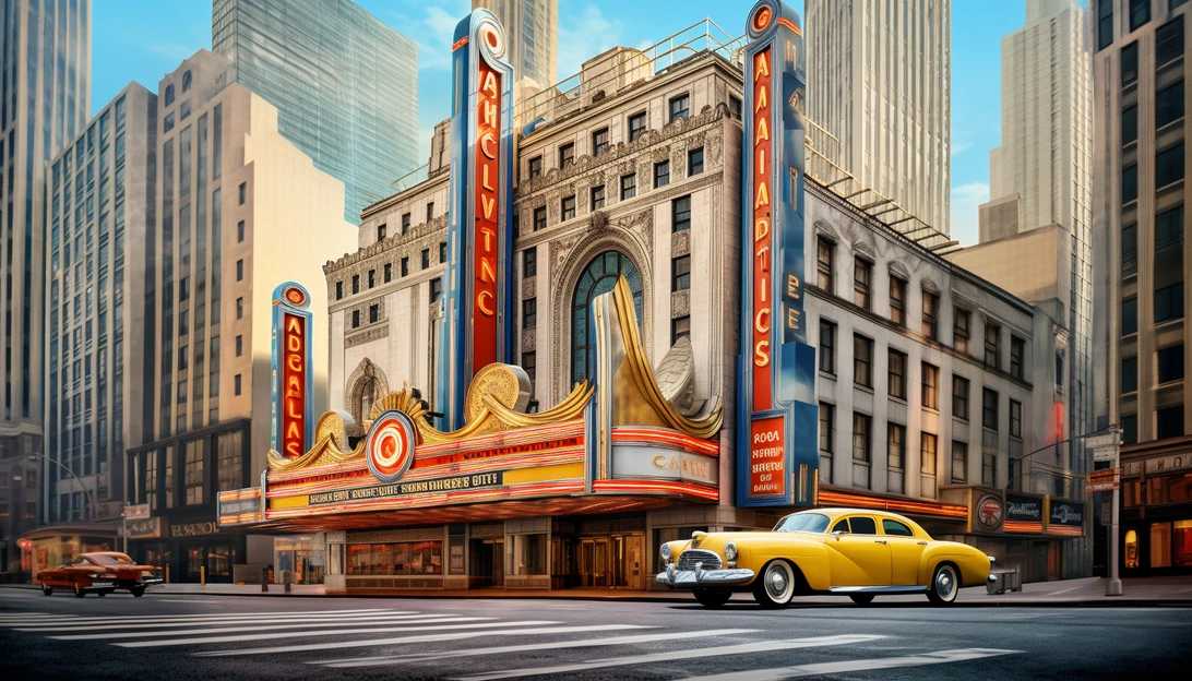 A photograph showcasing the iconic Warner Bros. theater in New York's Times Square, where 'The Jazz Singer' made its groundbreaking debut, captured with a Nikon D850 camera.