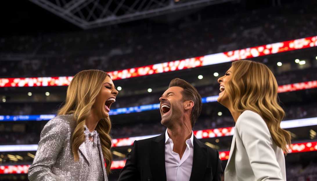 Taylor Swift, Blake Lively, Ryan Reynolds, and Hugh Jackman sharing a light-hearted moment during the game, taken with a Canon EOS R5.