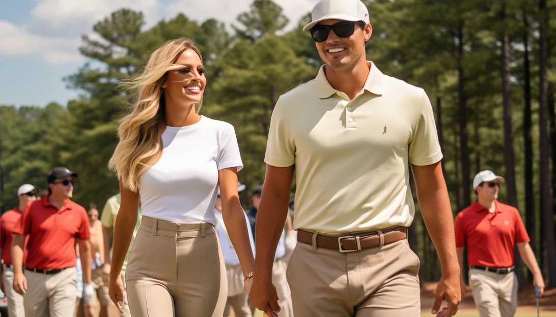 Brooks Koepka and Jena Sims walking hand in hand at a golf event, taken with a Nikon D850