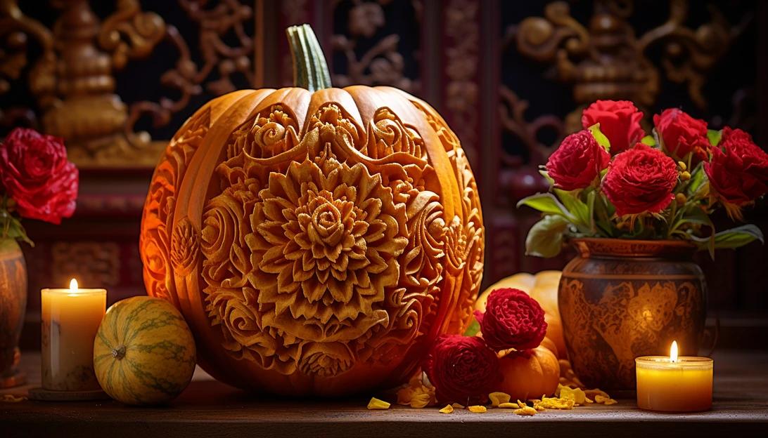 During fall, pumpkins become a popular household decoration. Imagine your dinner table adorned with a beautifully carved pumpkin centerpiece. Capture the warmth and coziness of the season with a photo of your pumpkin masterpiece. Photo prompt: A well-carved pumpkin centerpiece taken with a Canon EOS 5D Mark IV.