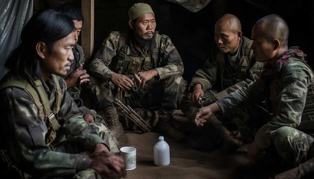 A group of ethnic rebel fighters, part of the Three Brotherhood Alliance, strategizing their coordinated offensive in Shan state. (Photo taken with Canon EOS 5D Mark IV)