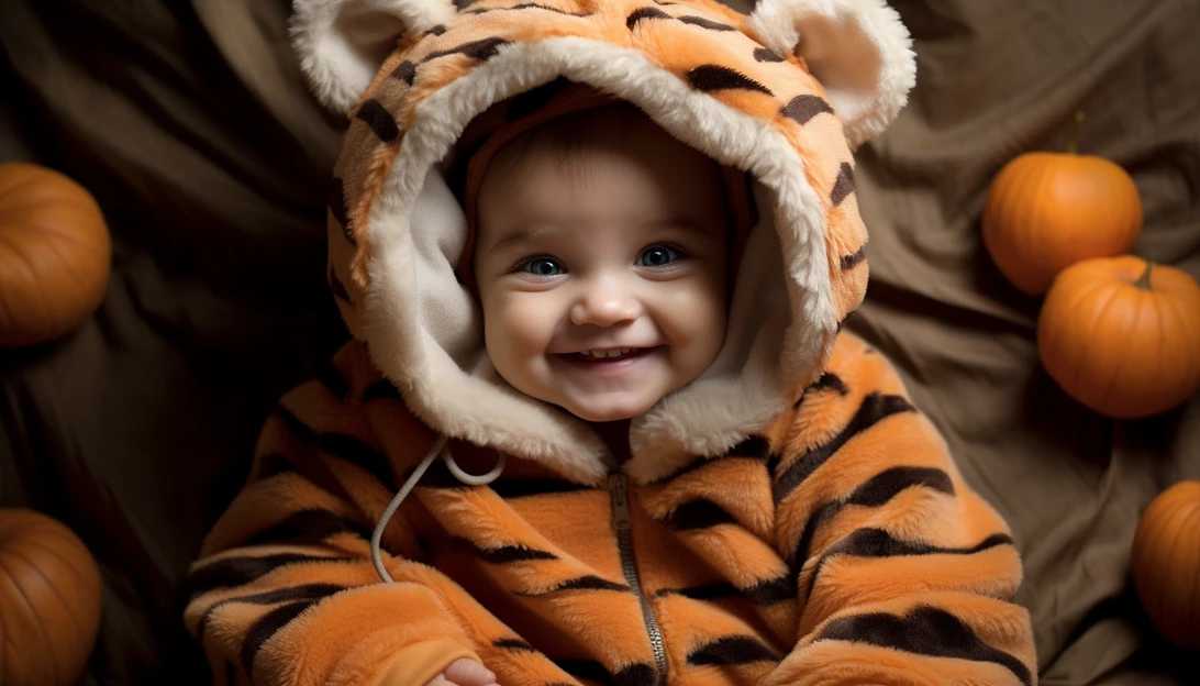 An adorable photo of a tiny baby dressed as a tiger, taken with a Nikon D850 camera.