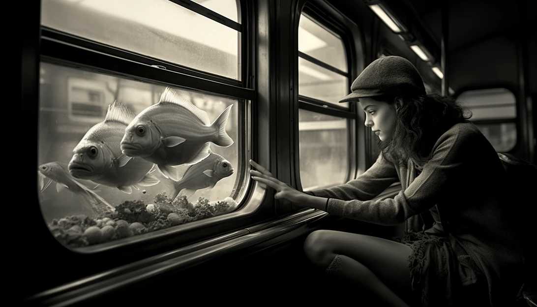 In this captivating snapshot, the fish tank rests on a tray table as the train heads towards Derby. The photo, taken with a Nikon D5600, perfectly captures the unique scene and showcases the unconventional companionship between the traveler and their aquatic friends.