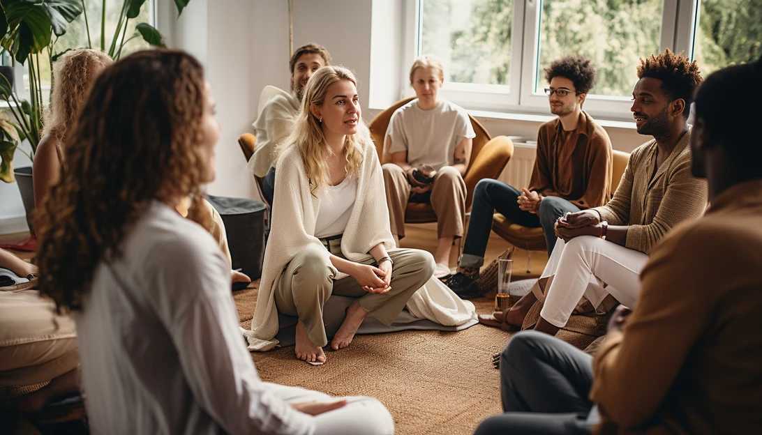 A group of diverse individuals participating in a psychotherapy session, discussing ways to navigate eco-anxiety and find resilience in the face of climate change (Taken with a Sony Alpha a7 III)