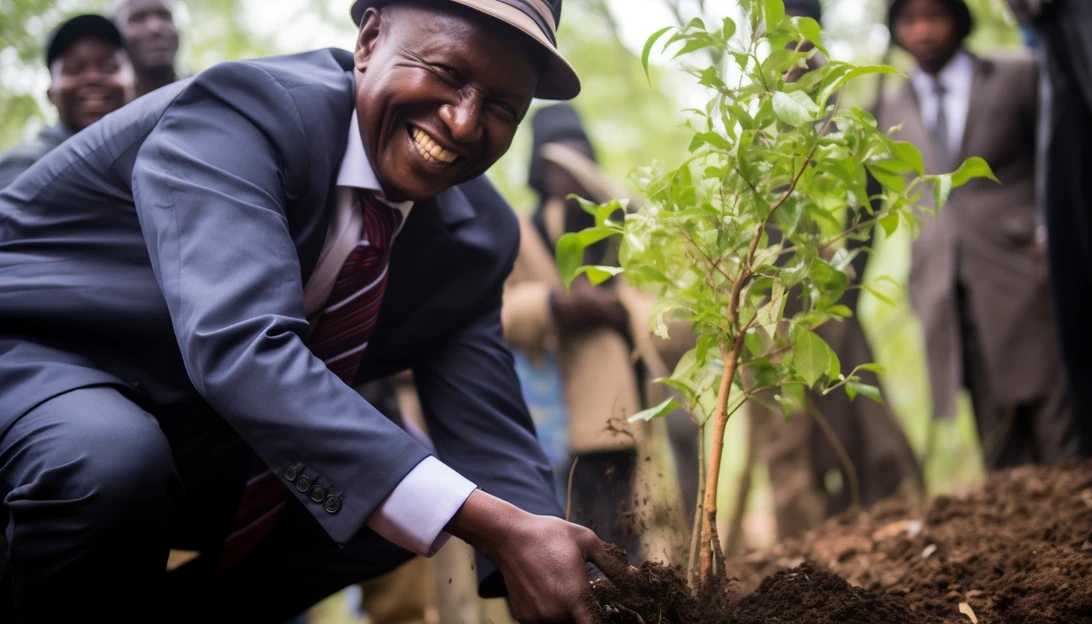A photo of President William Ruto planting a tree in Nairobi, Kenya. Caption: President William Ruto leads by example in the national tree planting campaign. (Taken with Canon EOS 5D Mark IV)