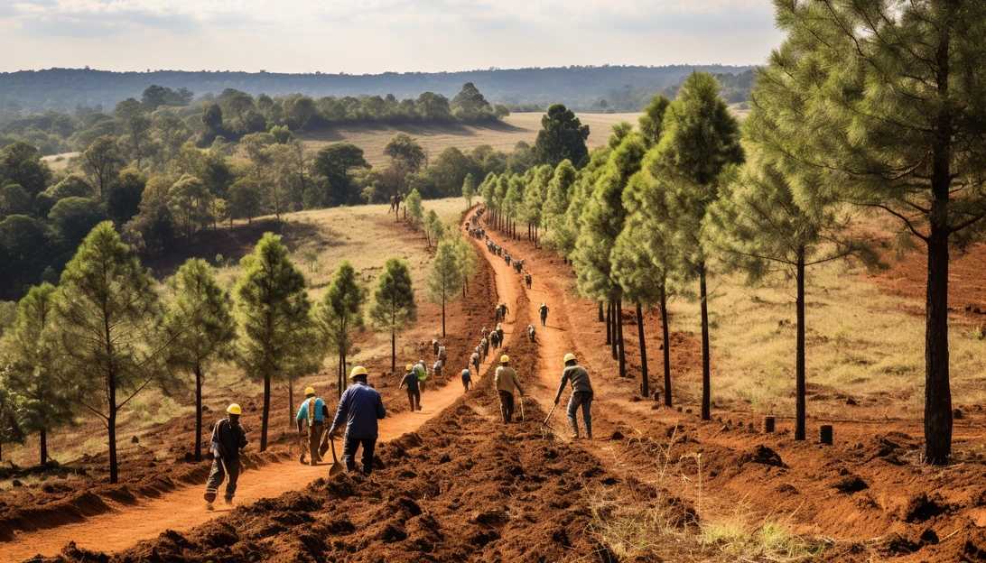 A group of volunteers planting trees in the Karura forest, Kenya. Caption: Volunteers come together to contribute to the ambitious goal of planting 15 billion trees by 2032. (Taken with Nikon D850)